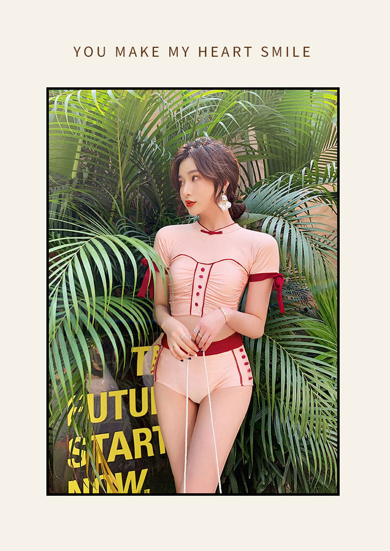 Conservative Split Swimsuit With High Collar And Shoulders