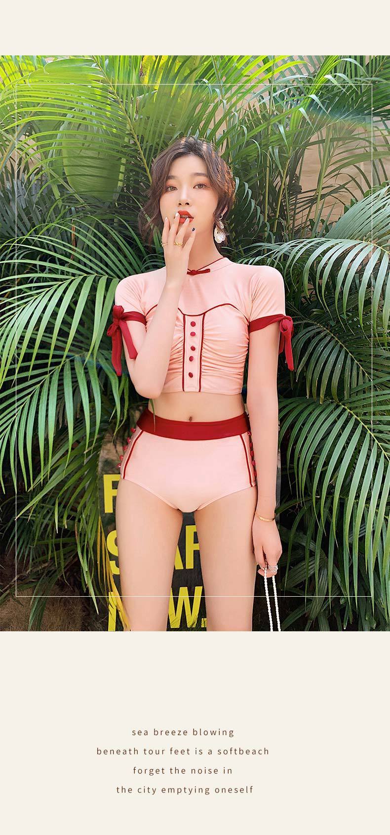 Conservative Split Swimsuit With High Collar And Shoulders