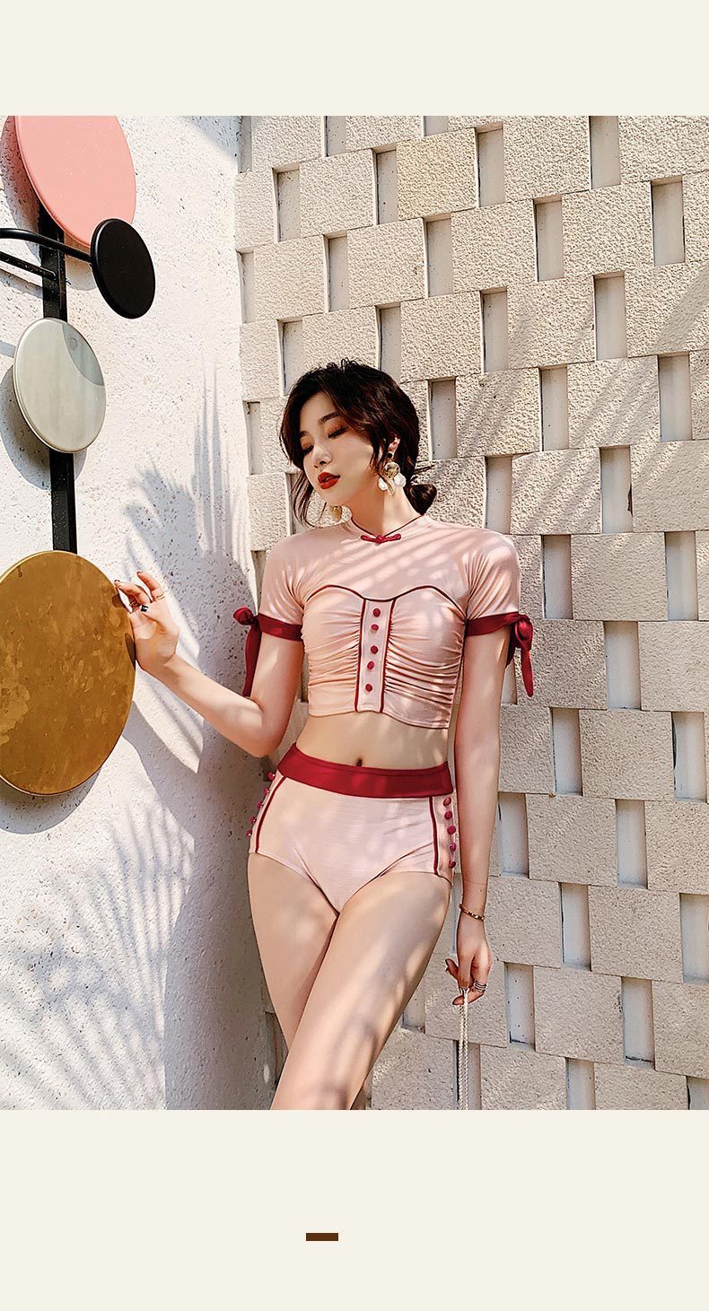 Conservative Split Swimsuit With High Collar And Shoulders