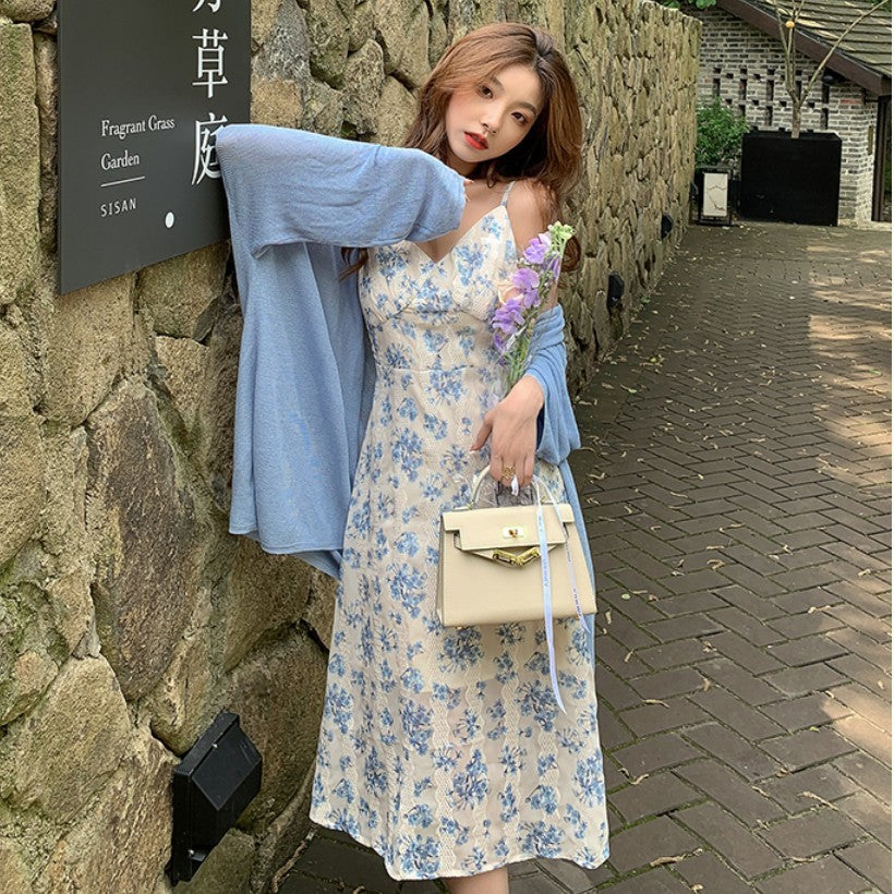 summer Floral Chiffon sleeveless dress for small woman with blue temperament and sweet suspender skirt