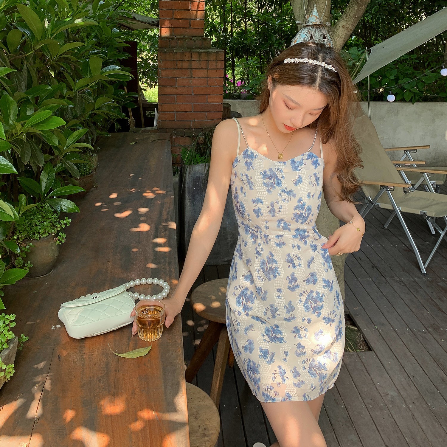 summer Floral Chiffon sleeveless dress for small woman with blue temperament and sweet suspender skirt