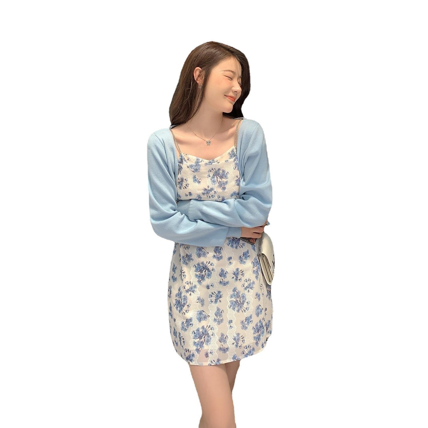 summer Floral Chiffon sleeveless dress for small woman with blue temperament and sweet suspender skirt