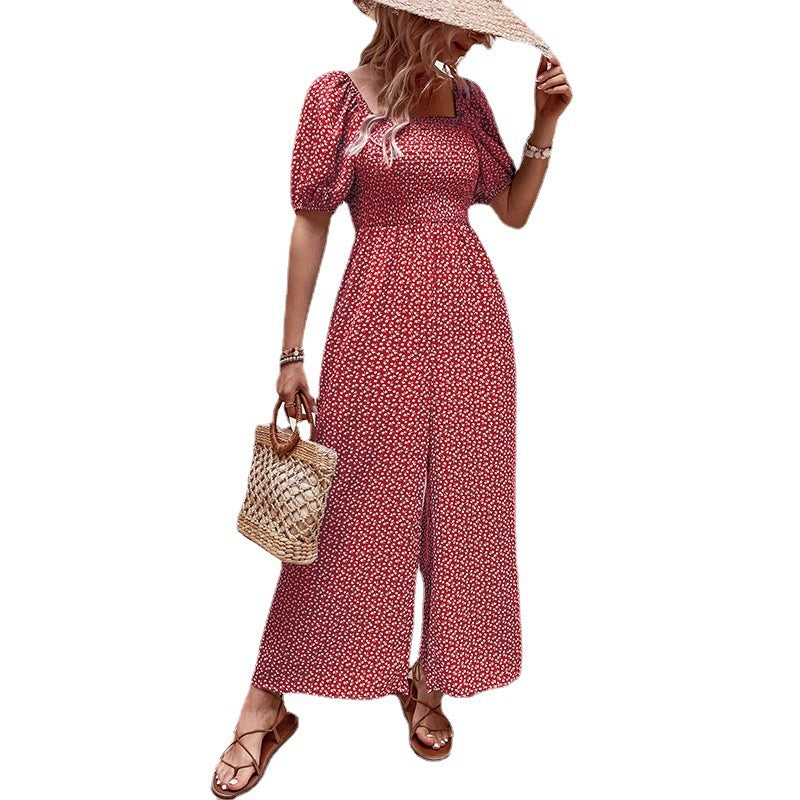 Woman Square-neck Puff Sleeve Printed Summer Jumpsuit