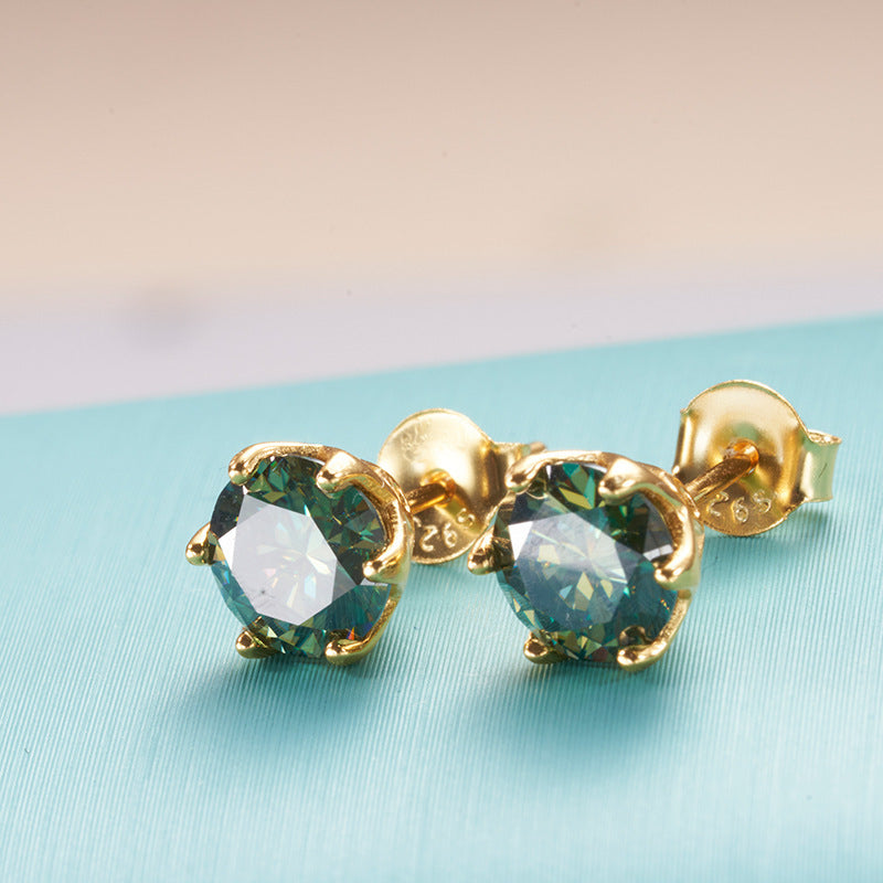S925 Silver 1 Karat D Color Moissanite Stud Earrings Blue Green Gold