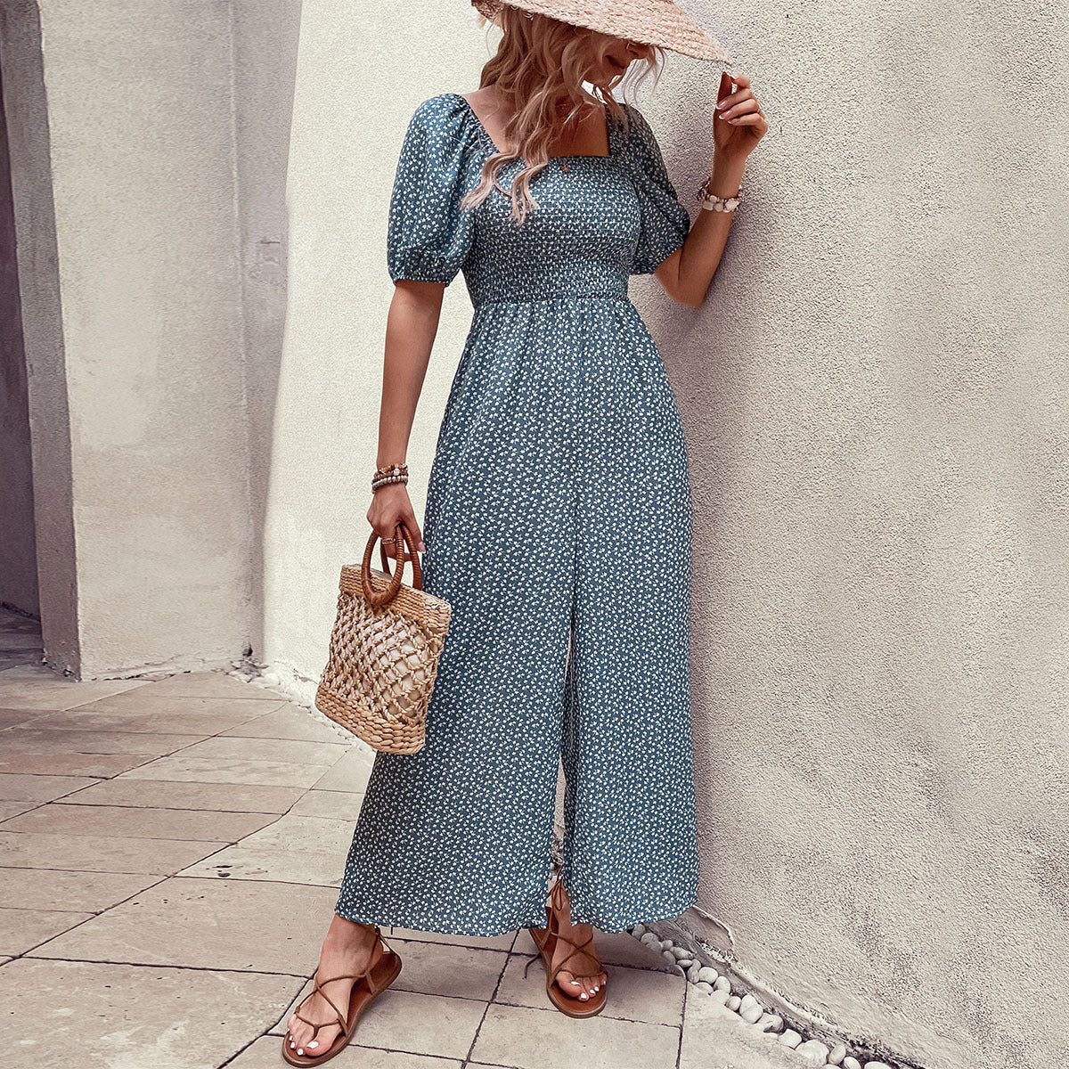Woman Square-neck Puff Sleeve Printed Summer Jumpsuit