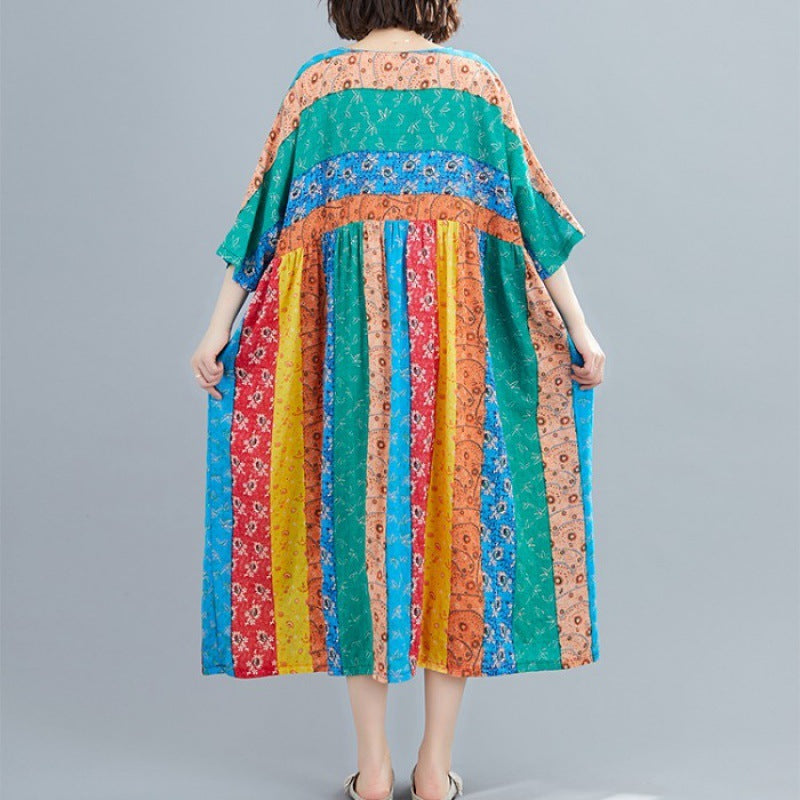Summer Print Long Skirt Loose A-line Skirt Fat Woman Dress