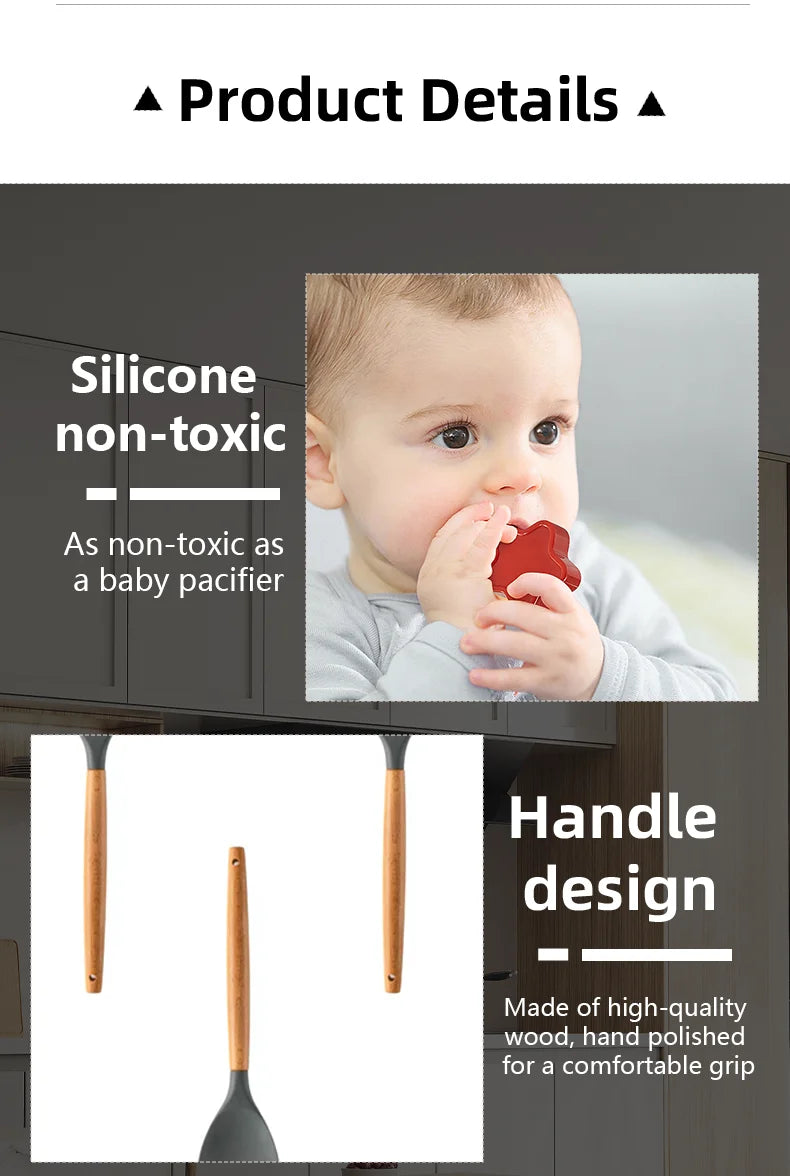Set Wooden Handle Silicone Kitchen
