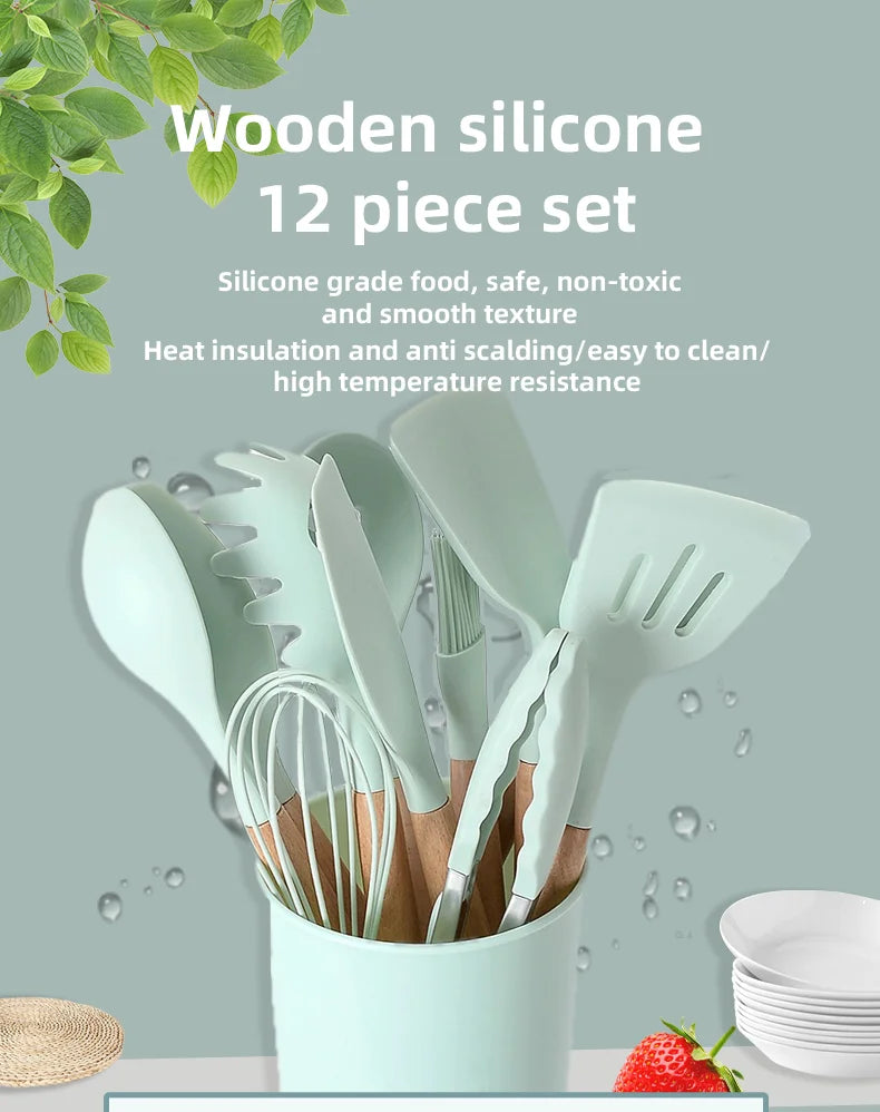 Set Wooden Handle Silicone Kitchen