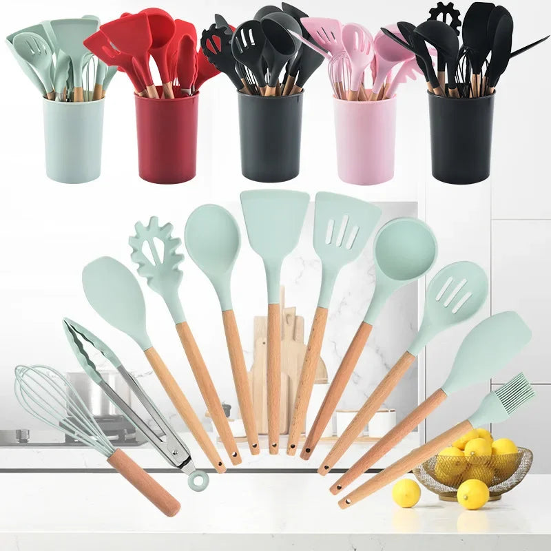 Set Wooden Handle Silicone Kitchen