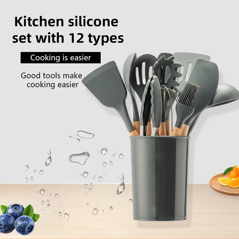 Set Wooden Handle Silicone Kitchen