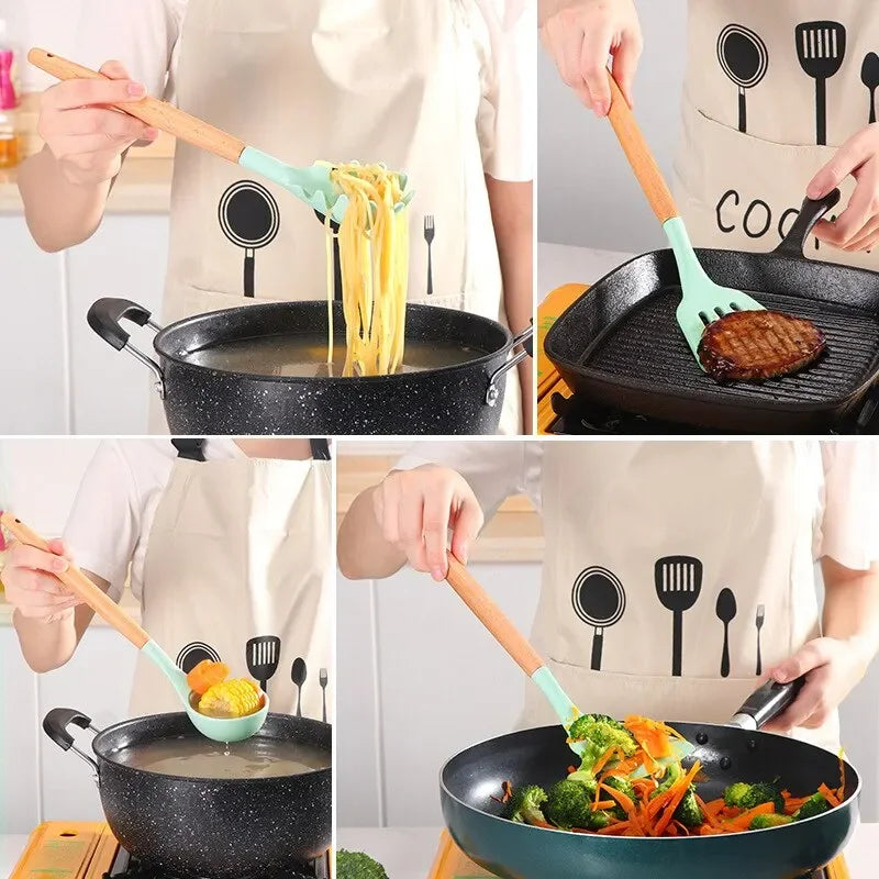 Set Wooden Handle Silicone Kitchen