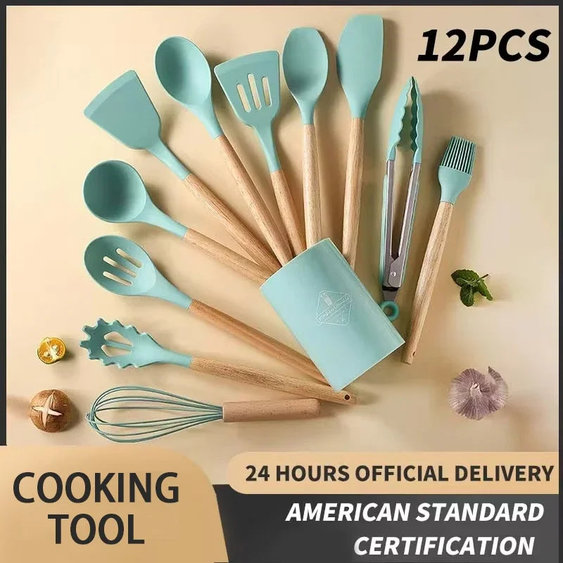 Set Wooden Handle Silicone Kitchen