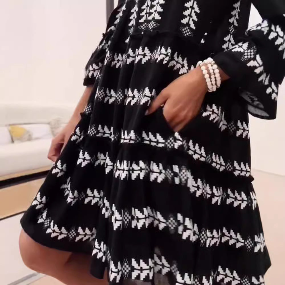 Summer Flared Sleeves V-neck Printed Dress For Woman
