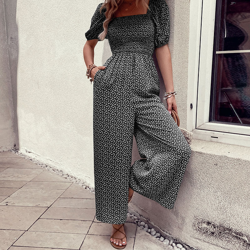 Woman Square-neck Puff Sleeve Printed Summer Jumpsuit