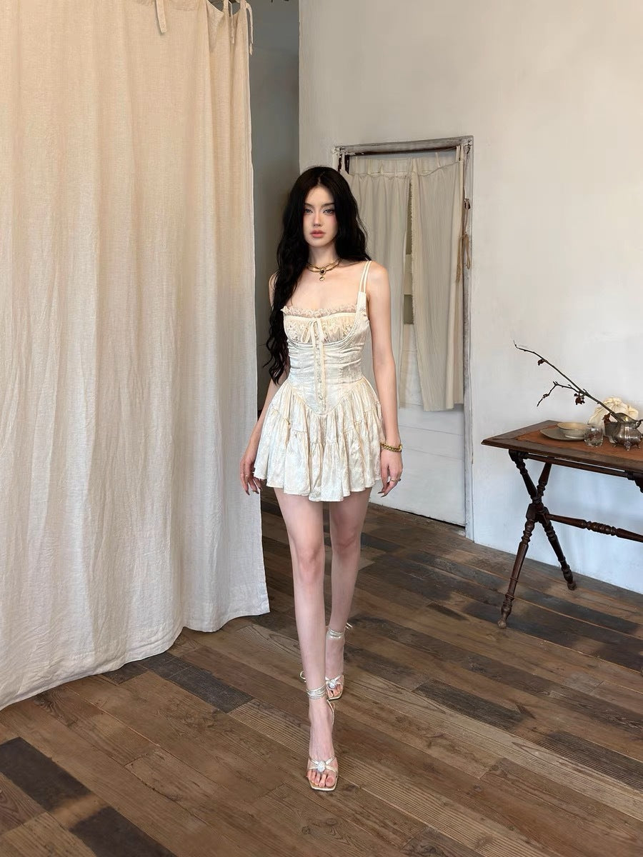 French First Love High Sense High Cold Adult Lady Like Woman Style Apricot Sling Dress Female Summer