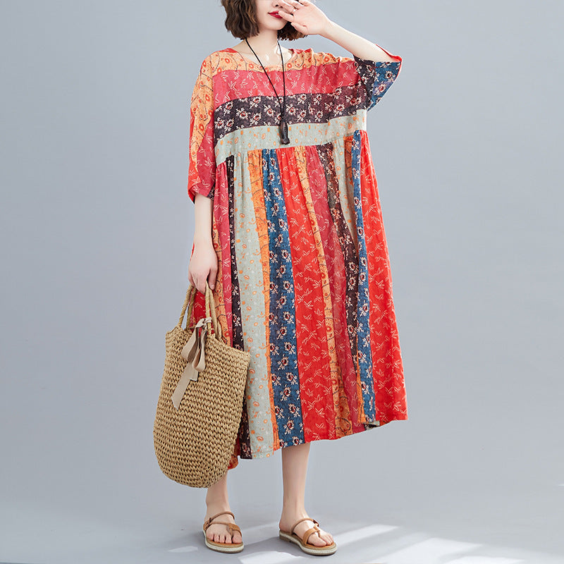 Summer Print Long Skirt Loose A-line Skirt Fat Woman Dress