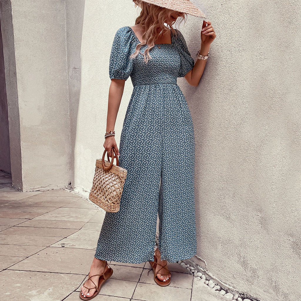 Woman Square-neck Puff Sleeve Printed Summer Jumpsuit