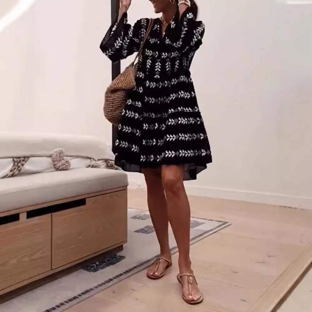 Summer Flared Sleeves V-neck Printed Dress For Woman